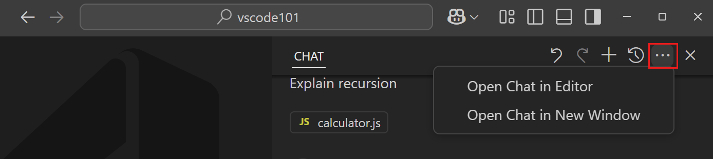 Screenshot of the Chat view, highlighting the three-dot menu that contains the Open in Editor and Open in New Window options.